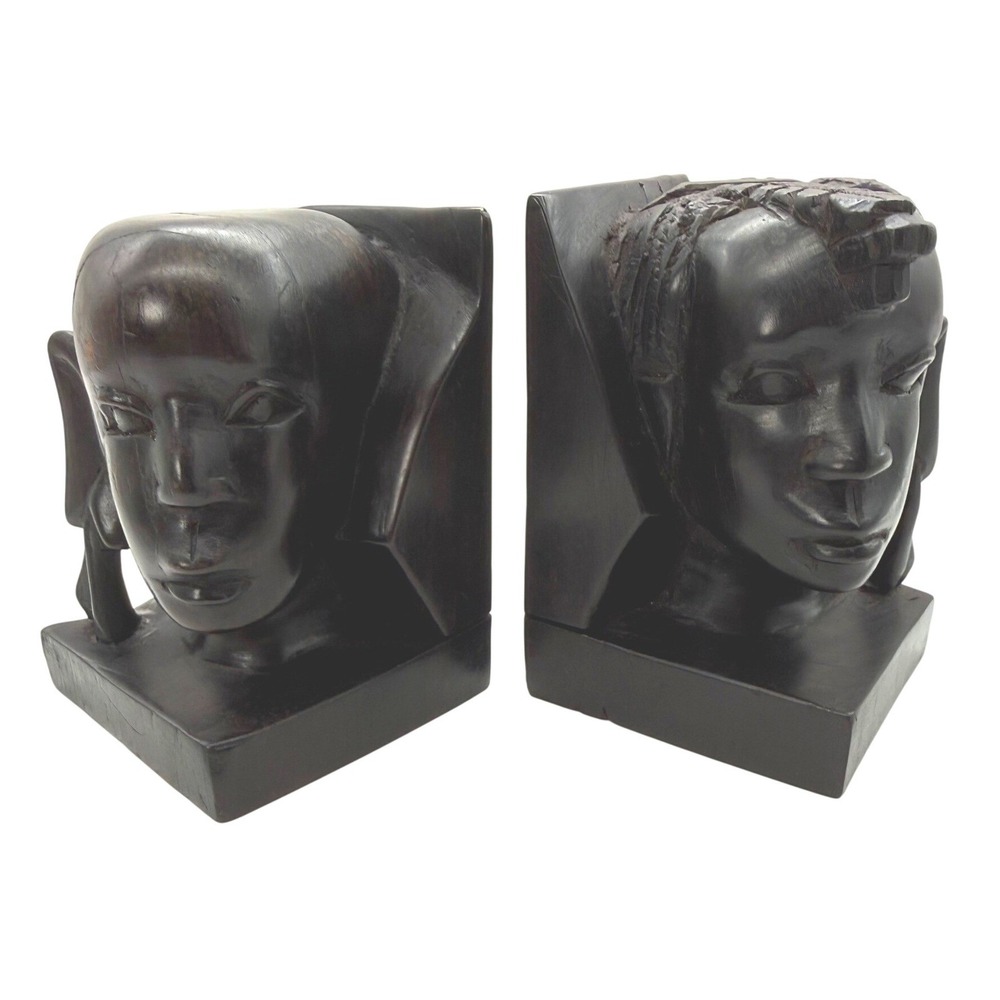 Vintage Hand Carved African Ebony Wood Bust Bookends Set of 2 Dark Brown Black